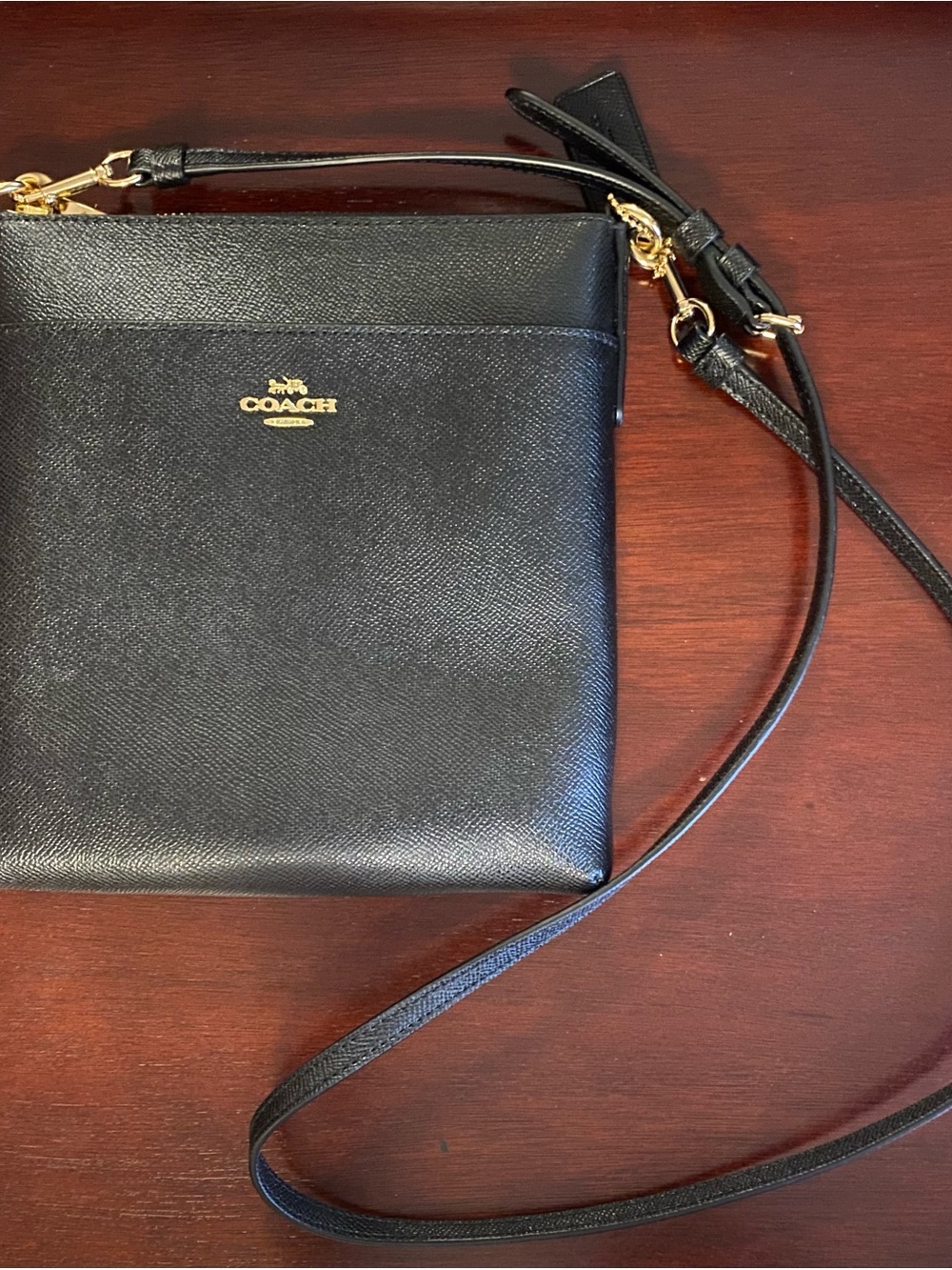 Coach Black Leather Messenger Crossbody with Gold-Tone Logo